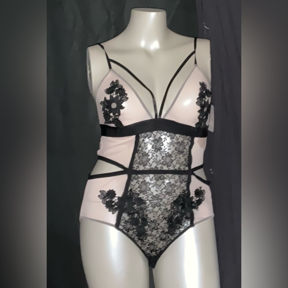 French Affair Black Lace & Nude One-Piece Sexy Lingerie Plus Size Bodysuit